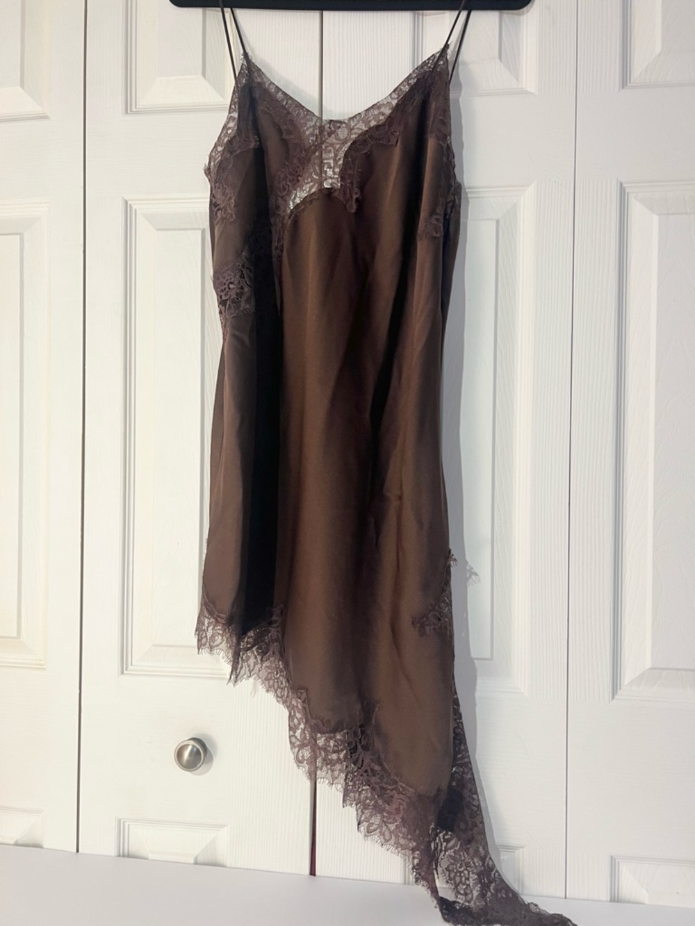 ZARA Satin Effect Chocolate Brown Lace Trim Asymmetric Slip Dress NWT - Picture 16 of 16